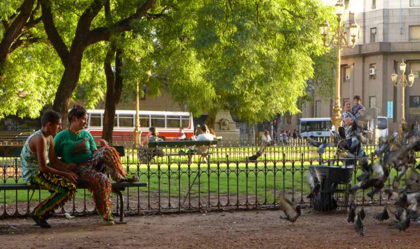 A couple sits in a park watching pigeons